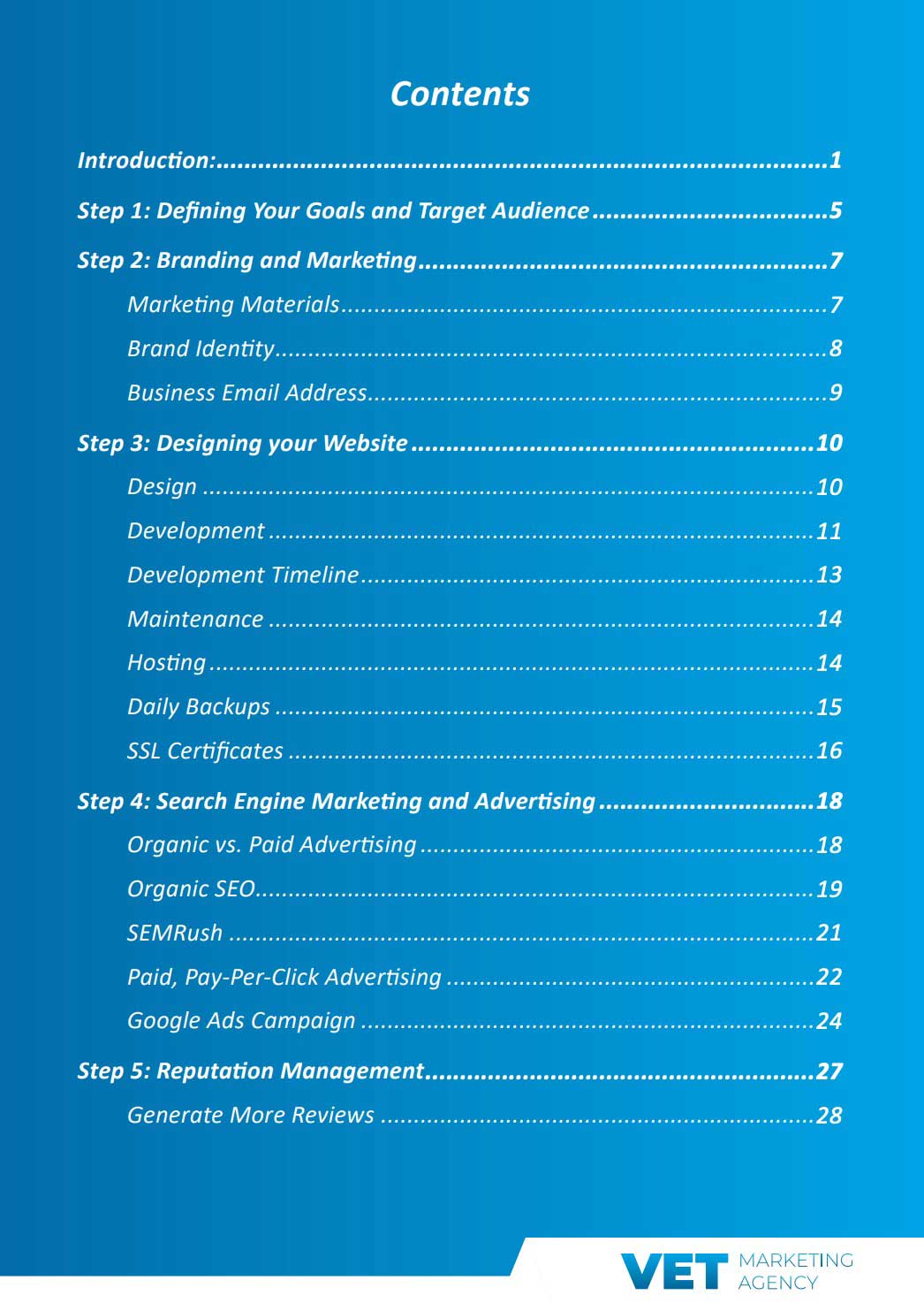 Vet Marketing eBook table of content